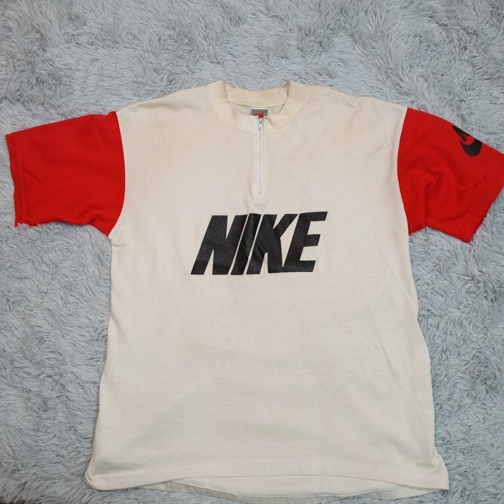 Vintage Nike Shirt Womens Tee Pullover White Red Zip Pouch Spell Out Large